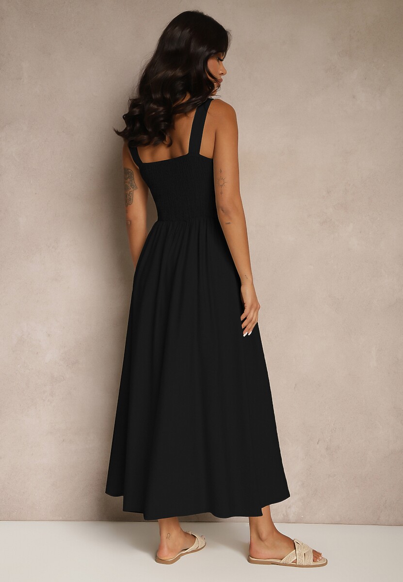 Czarna Rozkloszowana Sukienka z Wiskozy Ozdobiona Kwadratowym Dekoltem Avledia