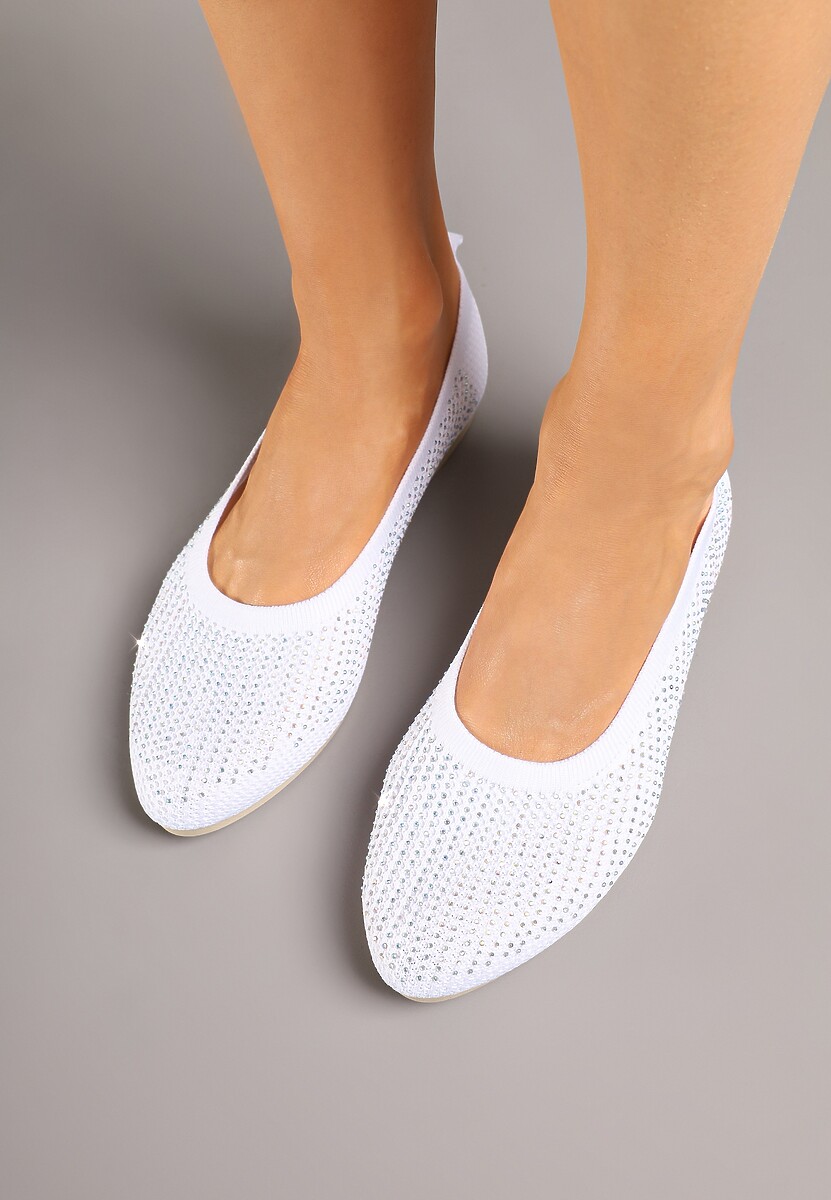 Białe Elastyczne Balerinki z Cholewką Zdobioną Metalicznymi Przeszyciami Elitella