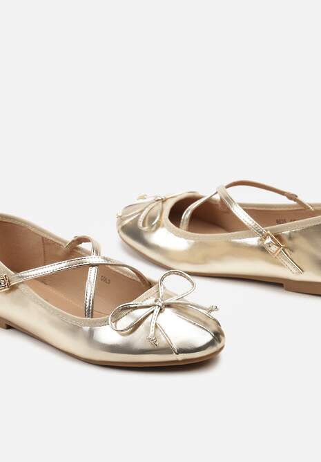 Złote Balerinki z Ozdobnymi Paskami na Sprzączkę i Kokardką Zrisa