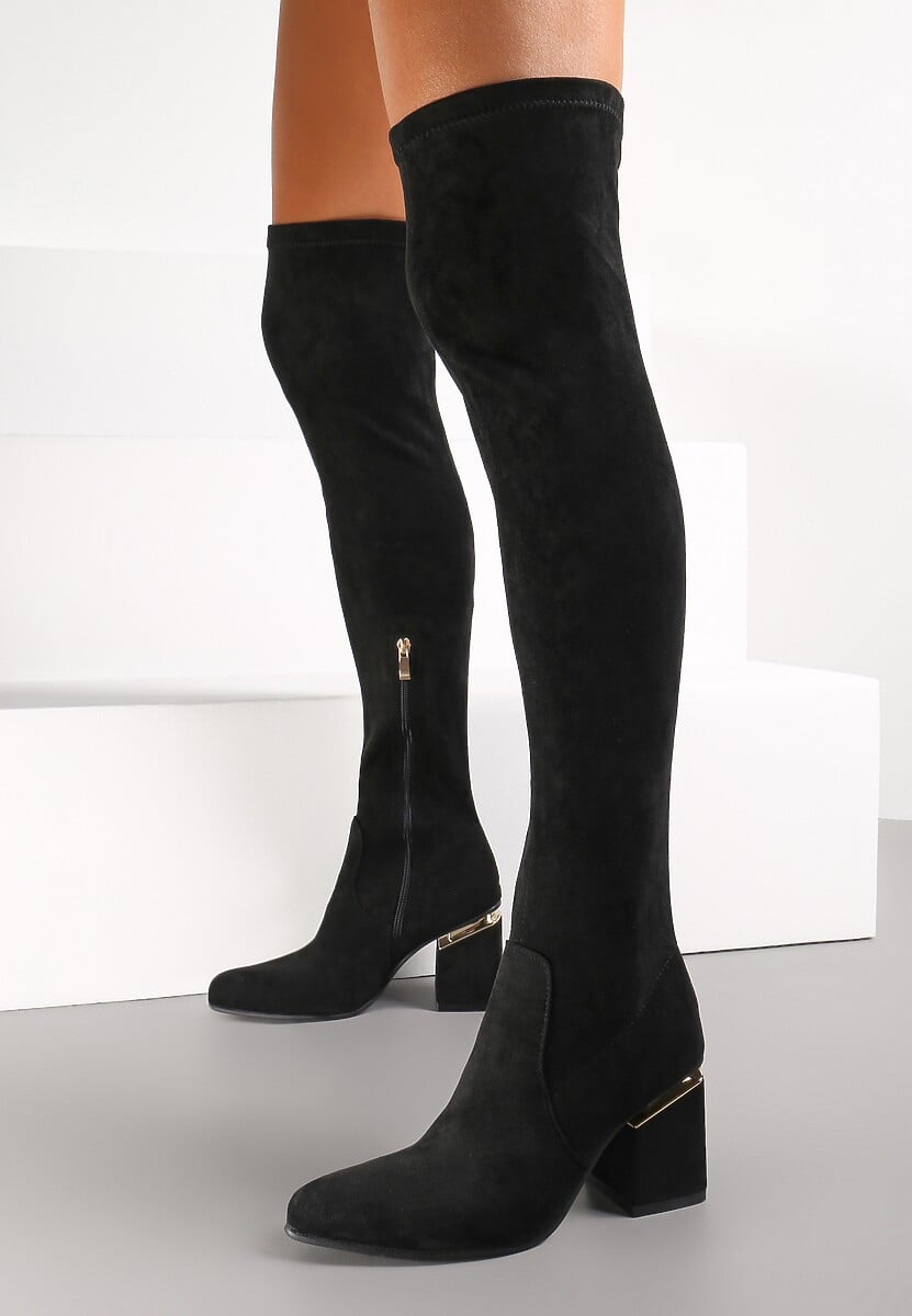 Czarne Kozaki z Imitacji Zamszu za Kolano na Słupku Umena