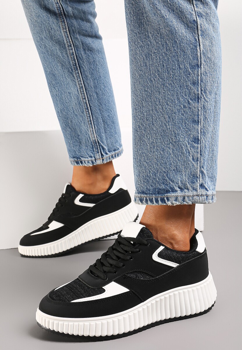 Czarne Sneakersy na Ozdobnej Grubej podeszwie z Brokatem Gelnia