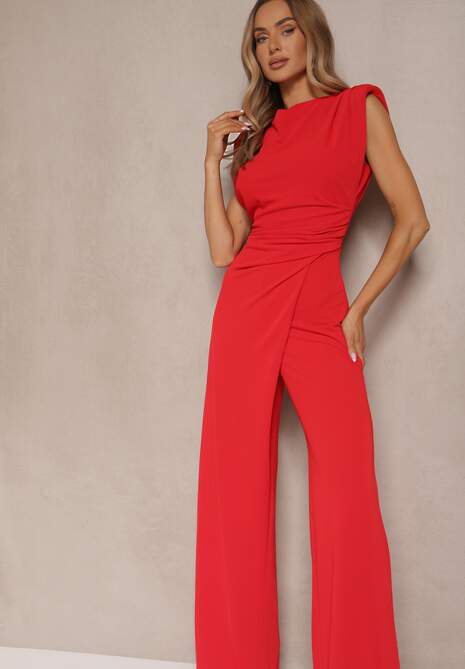 Czerwony Kombinezon Bez Rękawów z Szeroką Nogawką i Marszczeniem Sepellia