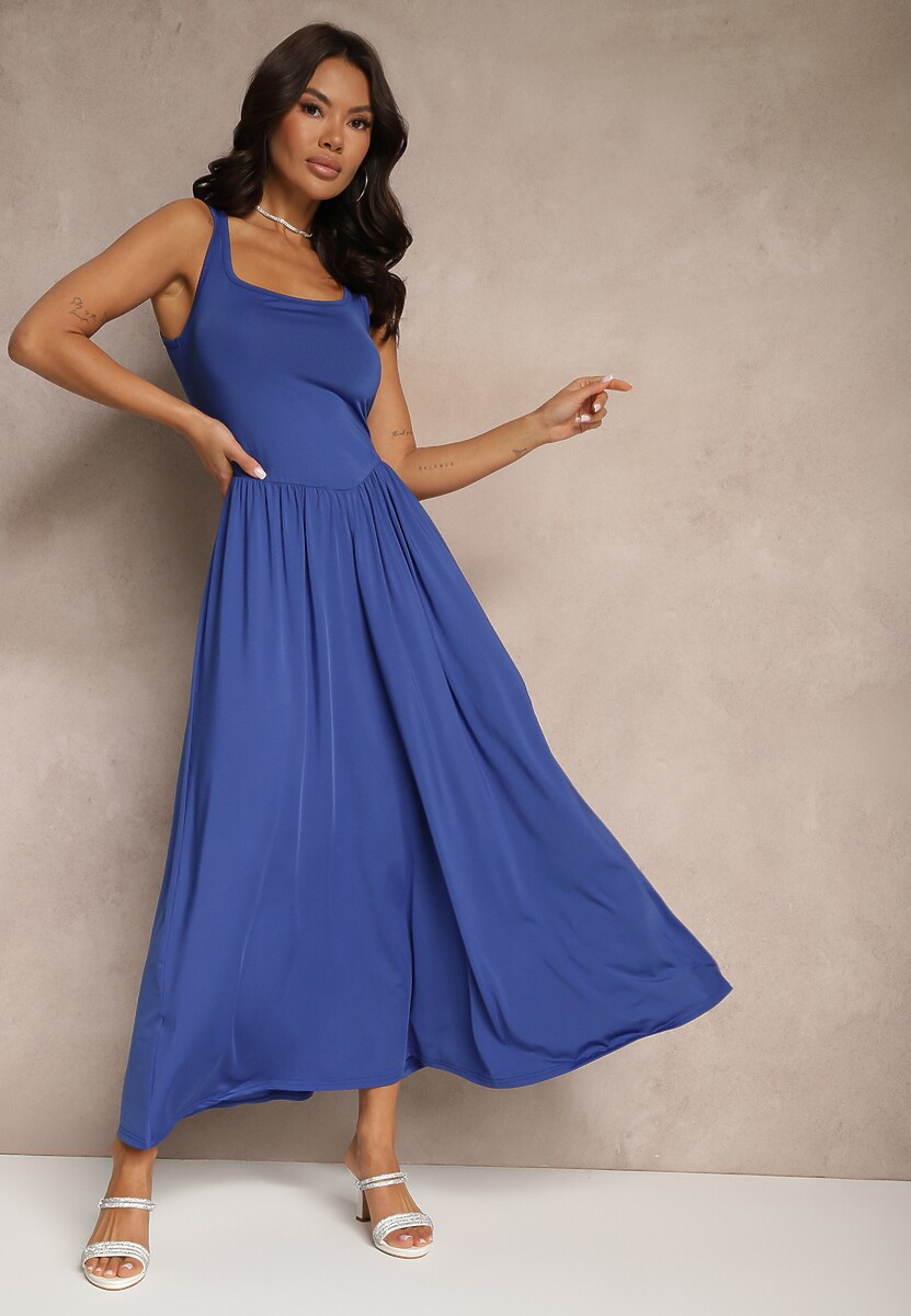 Niebieska Rozkloszowana Sukienka z Wiskozą i Kwadratowym Dekoltem Ravvia