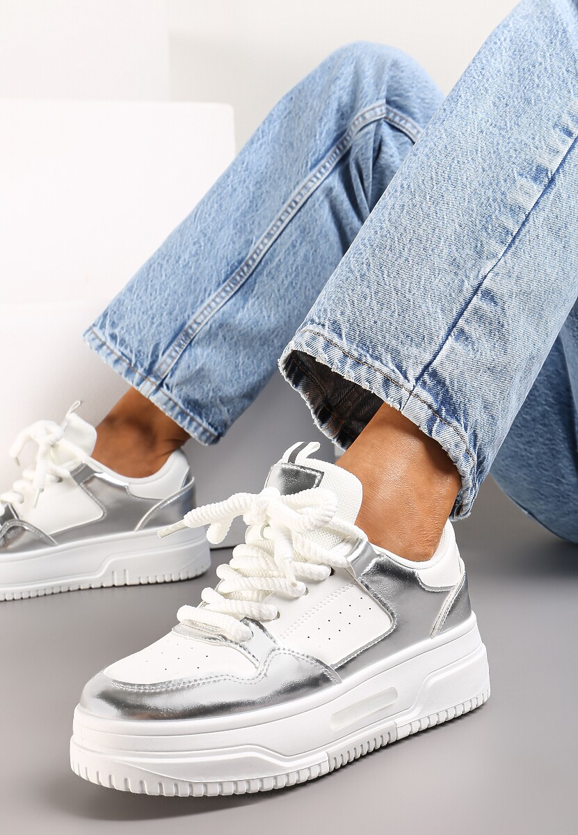 Biało-Srebrne Sneakersy na Platformie Wiązane na Szerokie Sznurowadła Viletra