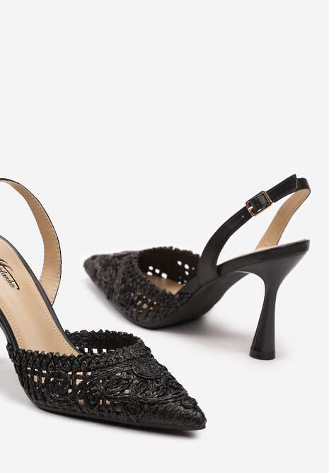 Czarne Sandały Slingback na Klepsydrowej Szpilce ze Szpiczastym Noskiem z Plecionki Ucemia
