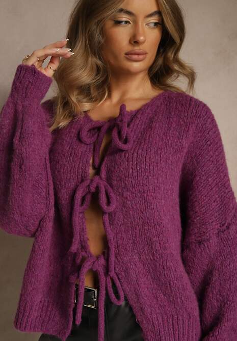 Fioletowy Kardigan z Wełną o Kroju Oversize z Wiązanymi Kokardami Elearina