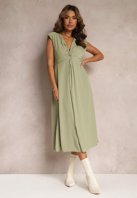 Zielona Midi Sukienka o Rozkloszowanym Fasonie z Ozdobnym Węzłem i Rozcięciem Zanondia