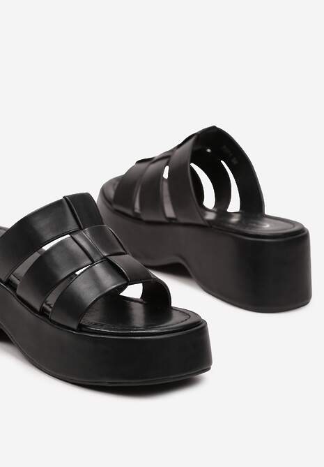 Czarne Płaskie Klapki z Ekoskóry na Grubej Podeszwie Menase