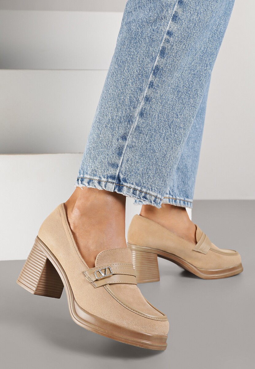 Ciemnobeżowe Półbuty w Stylu Mokasynów na Słupku z Klamerką Amledis