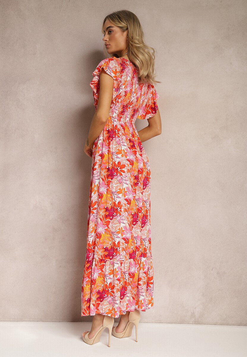 Pomarańczowa Długa Sukienka w Kwiaty z Gumką w Pasie Liumbia