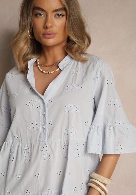 Jasnoniebieska Rozkloszowana Sukienka Koszulowa z Bawełny Zdobiona Haftem i Falbanami Filarosa