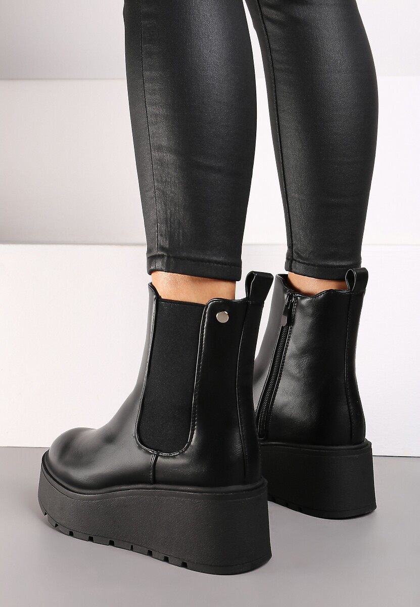 Czarne Botki Sztyblety na Platformie i Koturnie z Gumką Riaella