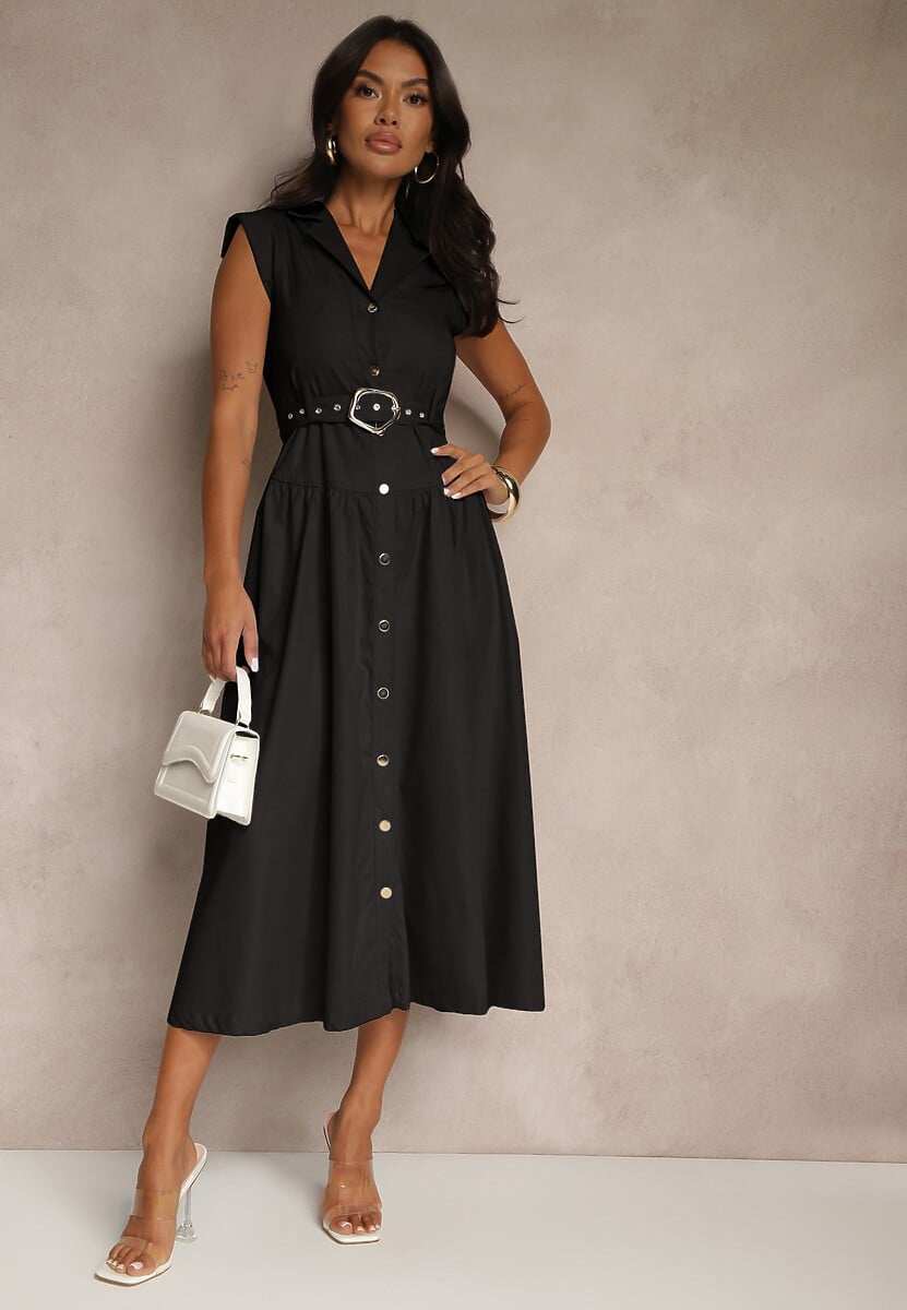 Czarna Koszulowa Sukienka z Ozdobnym Paskiem Deviolin