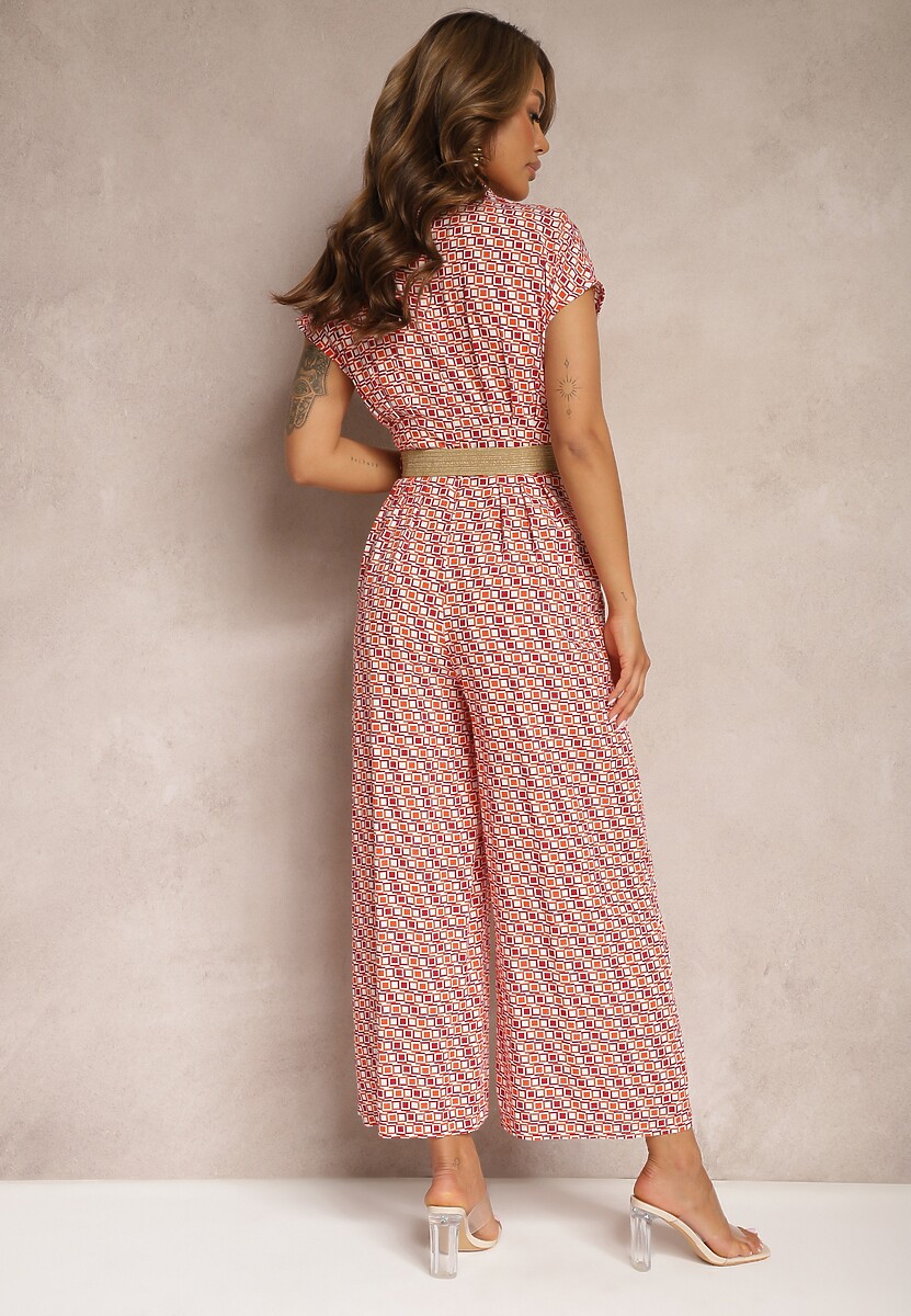 Pomarańczowo-Różowa Kombinezon z Dekoltem w Serek i Szerokimi Nogawkami z Paskiem w Talii Celretta