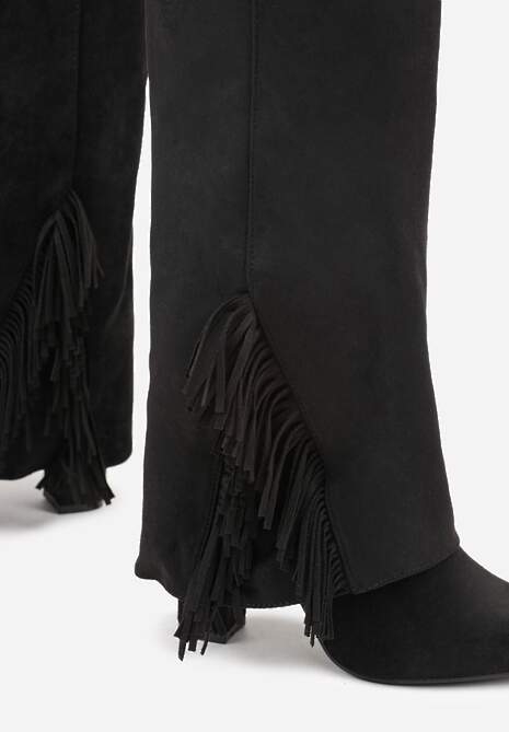 Czarne Kozaki na Słupkowym Obcasie z Cholewką Imitującą Nogawkę z Frędzlami Linafela