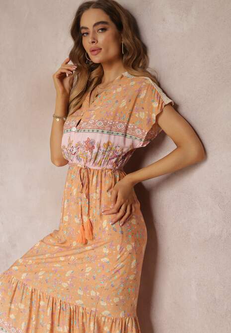 Pomarańczowo-Różowa Rozkloszowana Sukienka Maxi z Gumkami w Pasie z Bawełny Besie