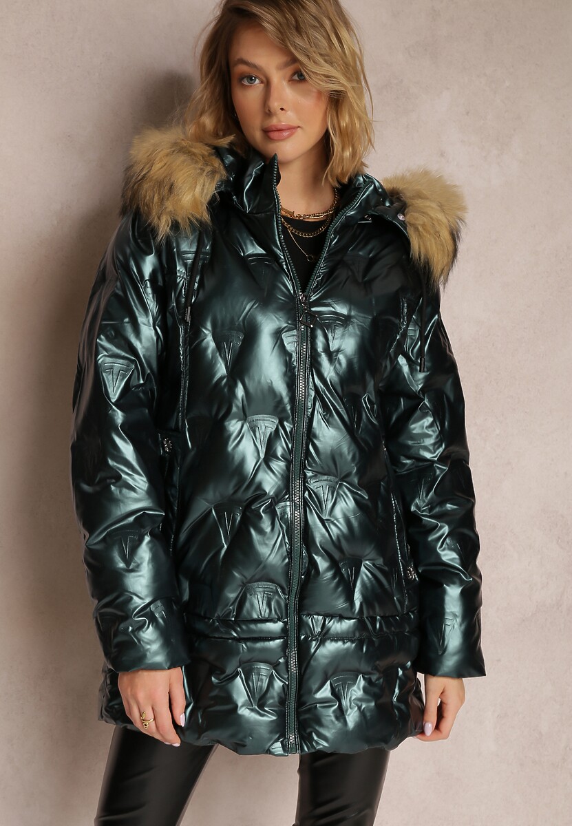Czarna Kurtka Metaliczna z Futrzanym Kapturem Kajol