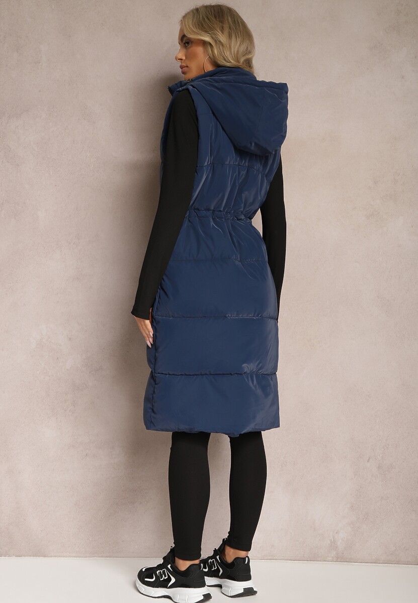 Granatowa Długa Kamizelka z Pikowaniem z Kapturem i Troczkiem w Talii Eutaria