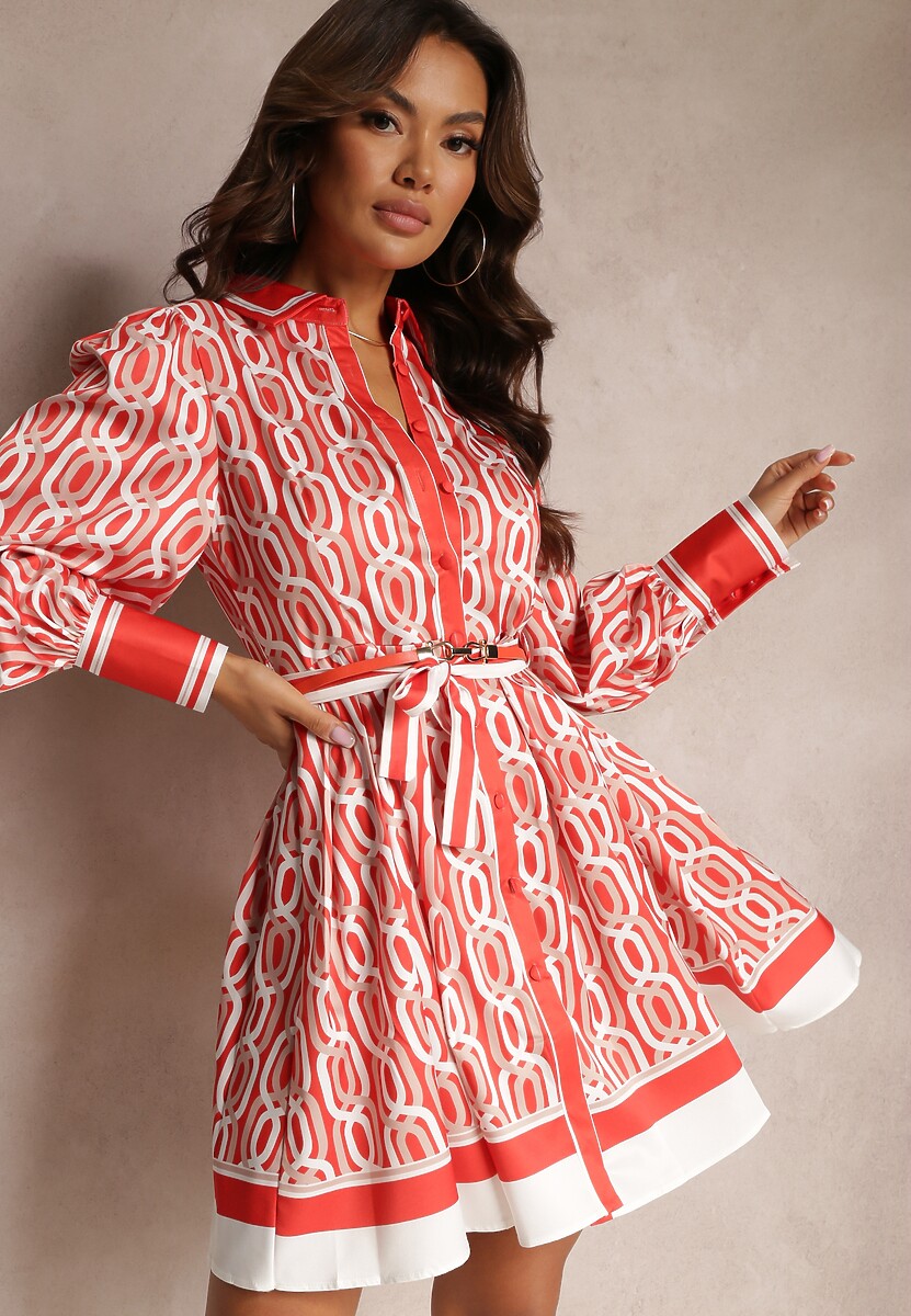 Czarno-Biała Koszulowa Sukienka Mini o Rozkloszowanym Kroju z Paskiem Launge