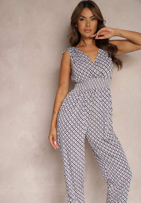 Granatowo-Biały Kombinezon z Długimi Nogawkami i Szeroką Gumką w Talii Belamy