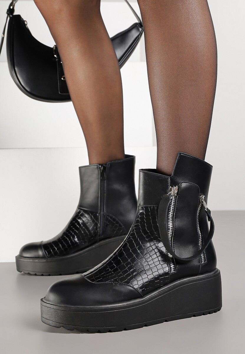 Czarno-Czerwone Botki Lakierowane Vices na Koturnie i Platformie Ozdobione Suwakiem Gattie