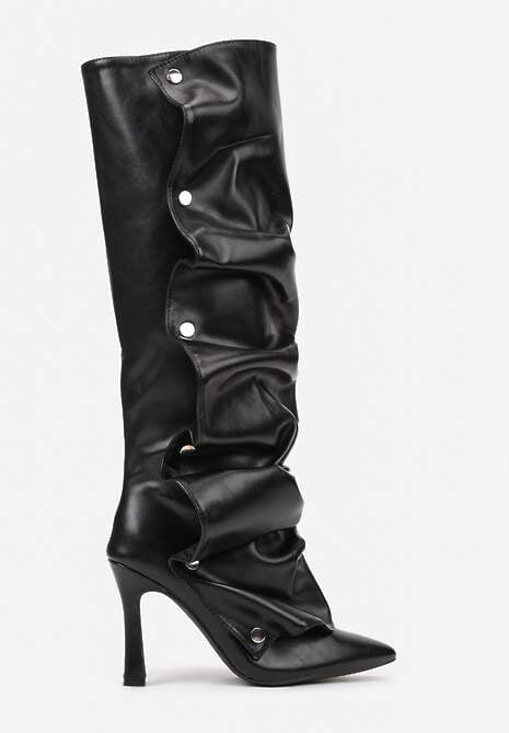 Czarne Marszczone Kozaki na Szpilce z Cholewką na Napy Reiantha