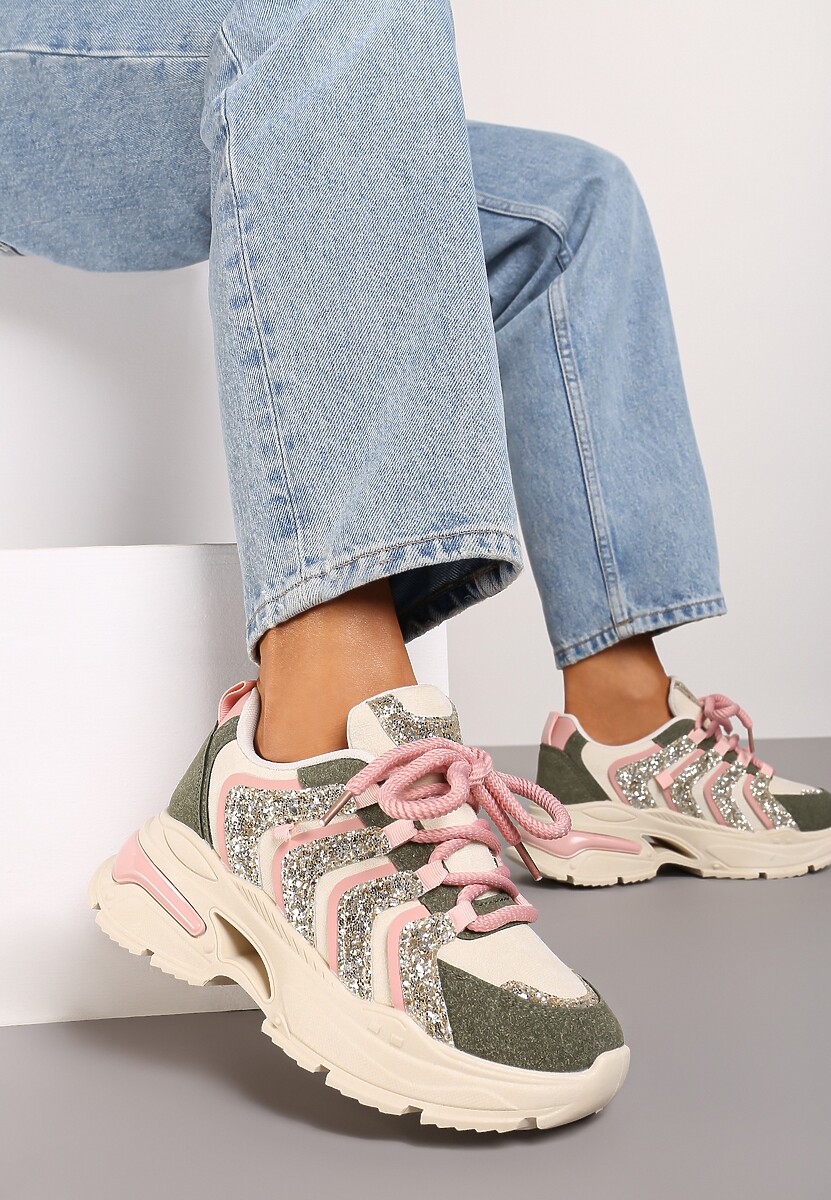 Beżowo-Zielone Sznurowane Sneakersy na Platformie Ozdobione Brokatem Ewla