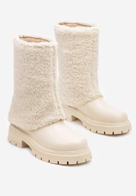 Beżowe Botki na Platformie z Tłoczeniem i Cholewką z Futerkiem Emilith