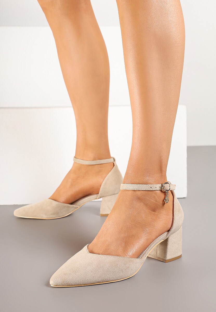 Czarne Czółenka Vices na Słupku ze Skórzaną Wkładką i Ozdobą przy Pasku Lilria