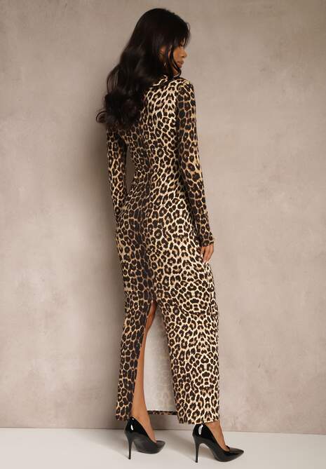 Brązowa Dopasowana Sukienka Maxi z Kwadratowym Dekoltem Fioral