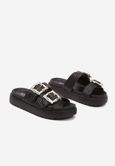 Czarne Klapki na Platformie z Dwoma Paskami i Klamrami Wenilea