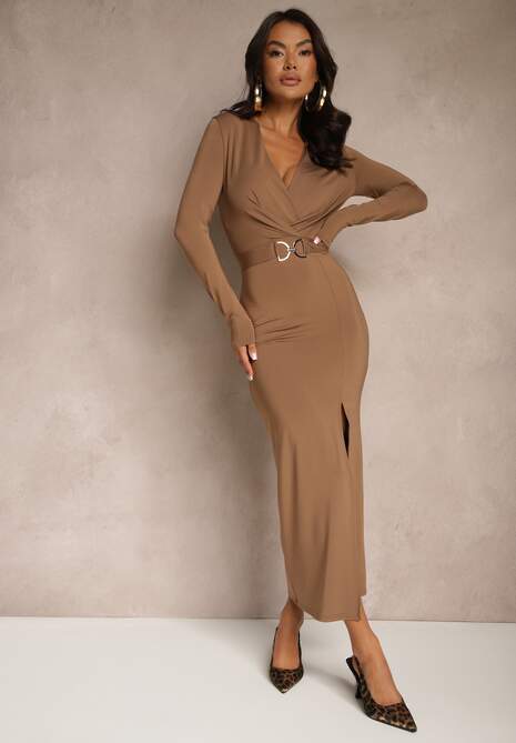 Brązowa Koktajlowa Sukienka z Wiskozą o Dopasowanym Kroju Ozdobiona Paskiem Tatoviela