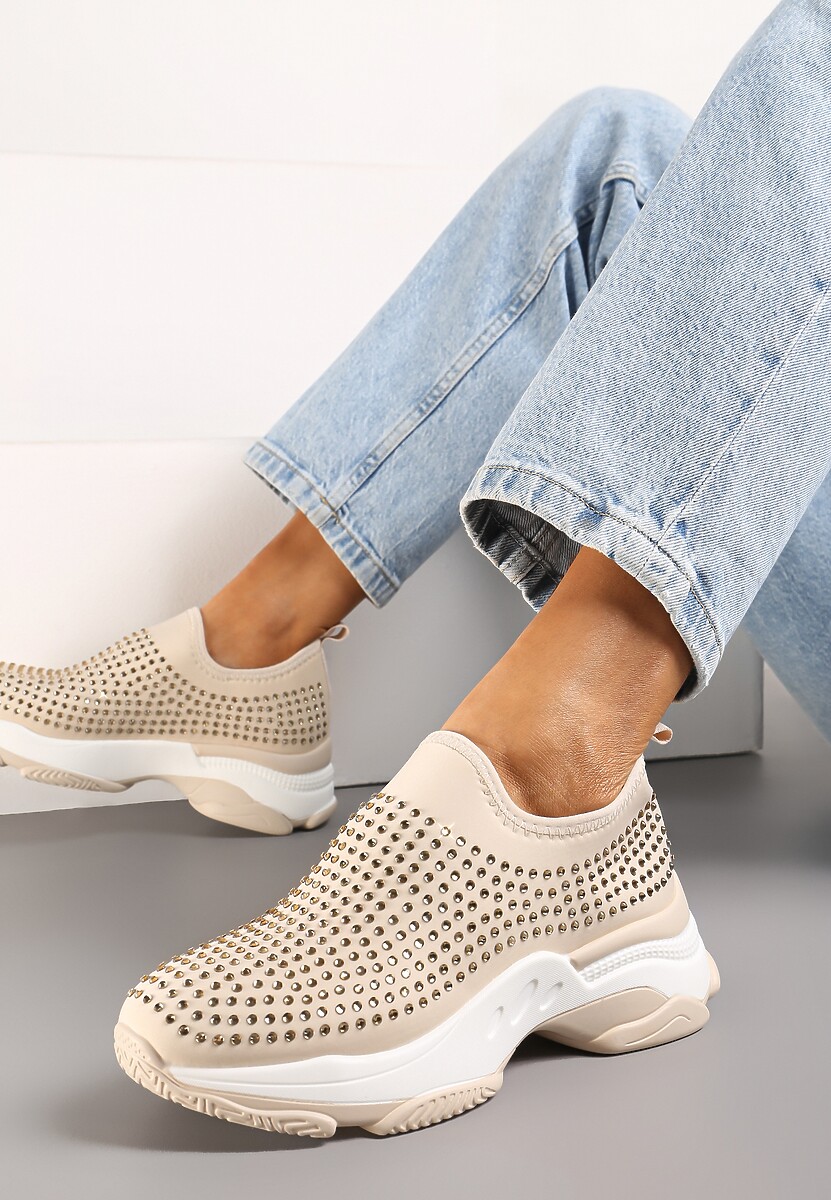 Beżowe Buty Sportowe na Grubej Podeszwie w Cyrkonie Elerene