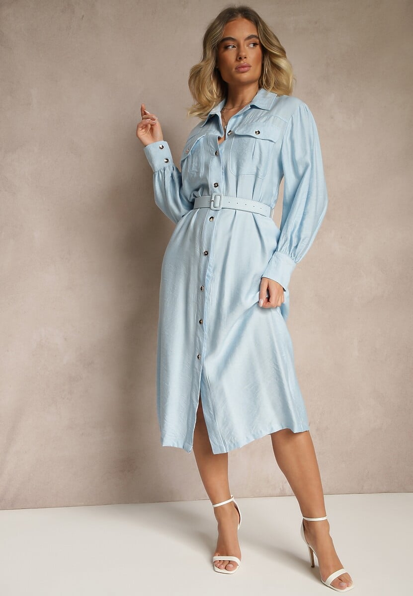 Niebieska Koszulowa Sukienka z Wiskozy z Paskiem z Klamrą i Kieszeniami Lisandrila