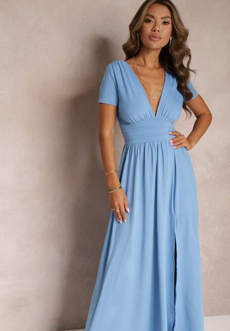 Jasnoniebieska Sukienka Maxi z Rozkloszowanym Dołem i Rozcięciem Zarya