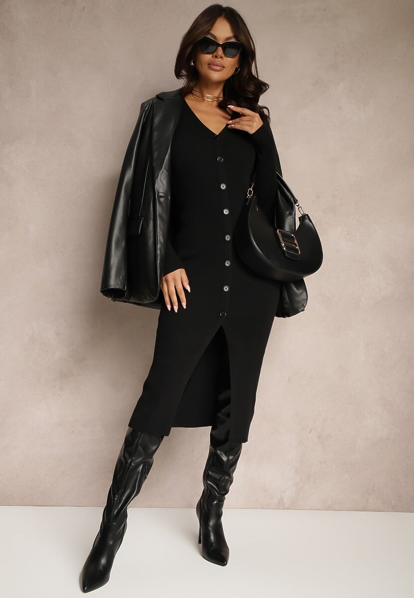 Czarna Sukienka z Wiskozą na Guziki o Dopasowanym Kroju Vortilora