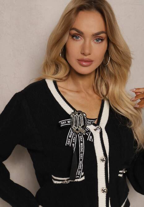 Czarny Wiskozowy Kardigan z Broszkową Kokardką i Kontrastowymi Lamówkami Graphia