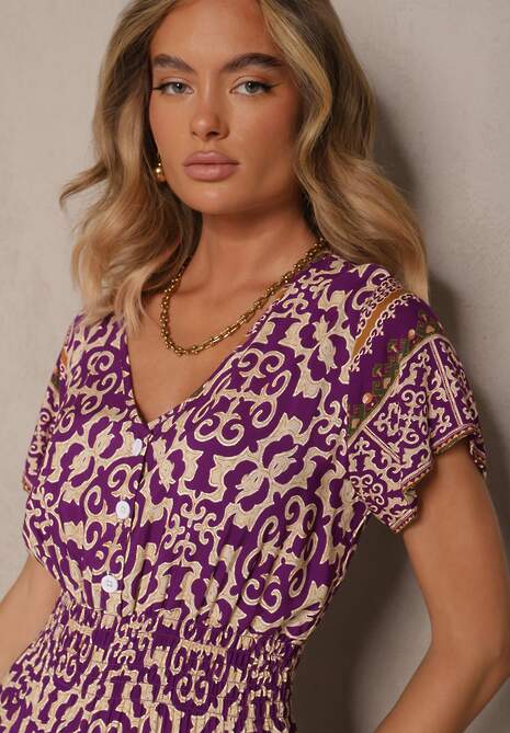 Ciemnofioletowa Sukienka z Bawełny Ozdobiona Ornamentnym Motywem Fillena