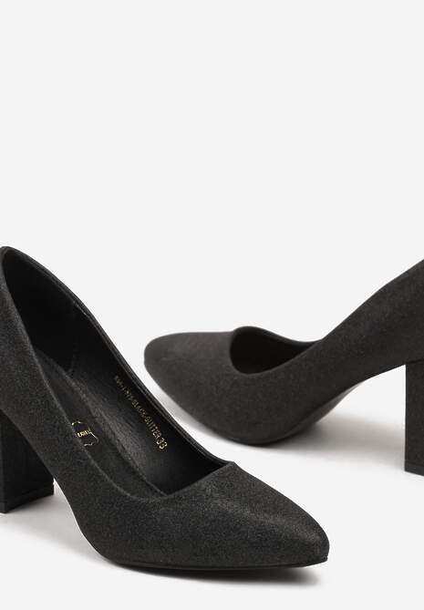 Czarne Czółenka Vices na Obcasie ze Skórzaną Wkładką i Brokatowym Połyskiem Etanorra