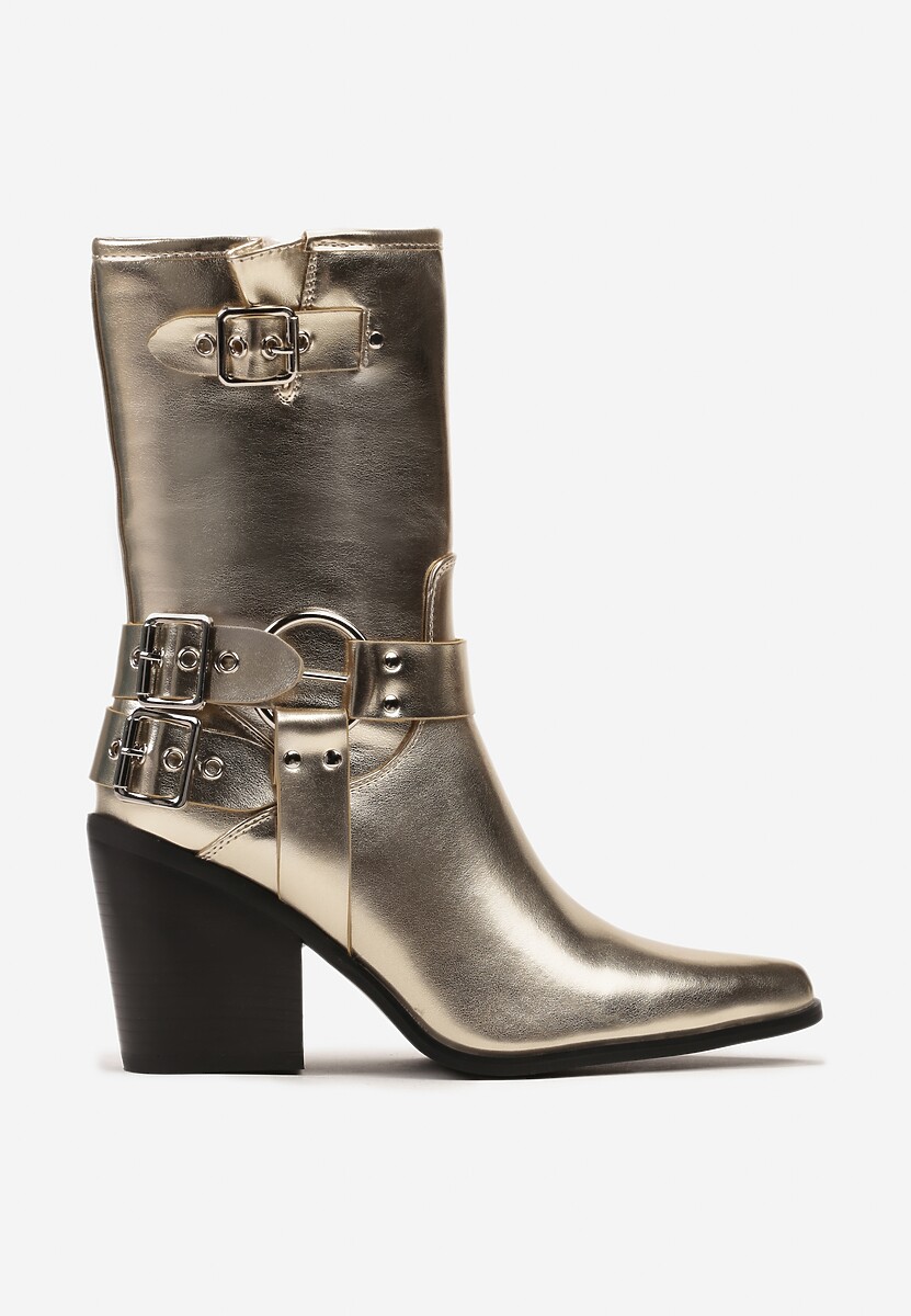 Złote Botki Kowojki na Ściętym Słupku z Klamrami i Sprzączkami Caraley