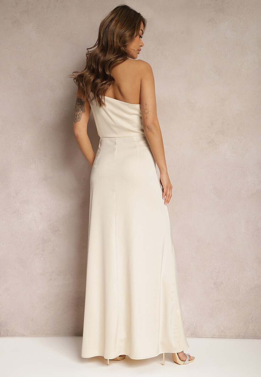 Beżowa Asymetryczna Sukienka Satynowa z Wycięciem w Talii Rozcięciem na Dole i Marszczeniem Aledista