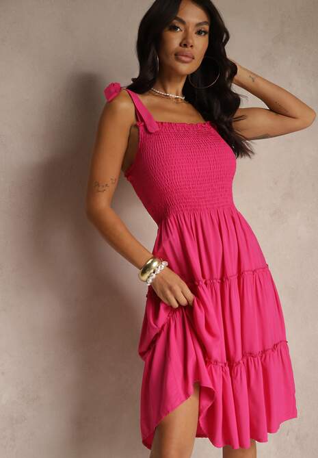 Fuksjowa Sukienka z Wiskozą o Rozkloszowanym Kroju na Ramiączkach z Wiązaniem Aranive