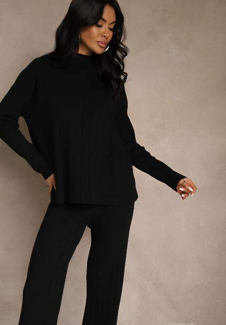 Czarny Komplet Dzianinowy Spodnie o Szerokim Kroju i Sweter Półgolf Datusa