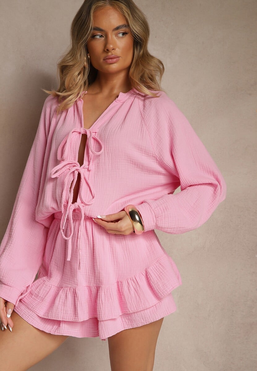 Beżowy Kombinezon z Bawełny Ozdobiony Wiązaniem i Falbankami Nalelia