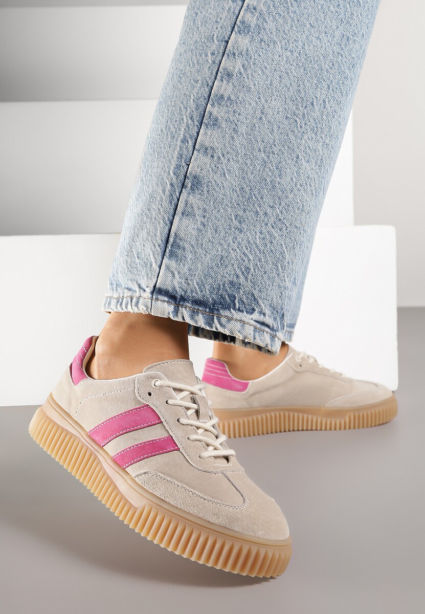 Beżowe Zamszowe Sneakersy Tenisówki z Wkładką ze Skóry Naturalnej Ozdobione Tłoczeniem Meluella