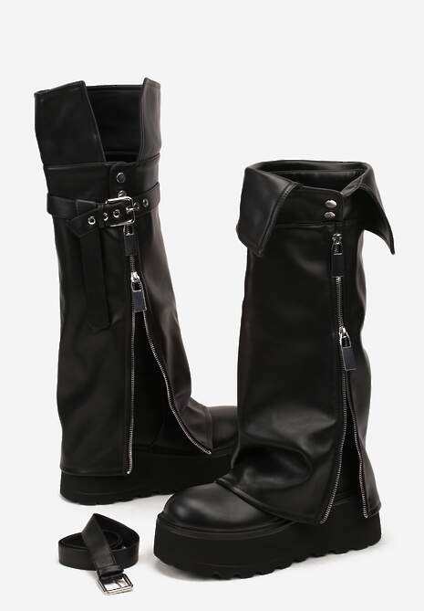 Czarne Kozaki w Stylu Grunge na Grubej Podeszwie z Wywijaną Cholewką Olentie