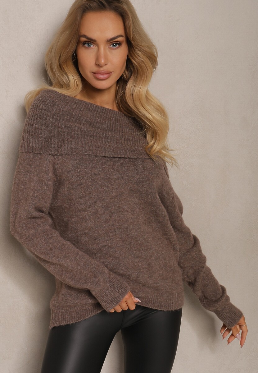 Brązowy Golf z Wełną Wiskozą i Wywiniętym Dekoltem Hedita