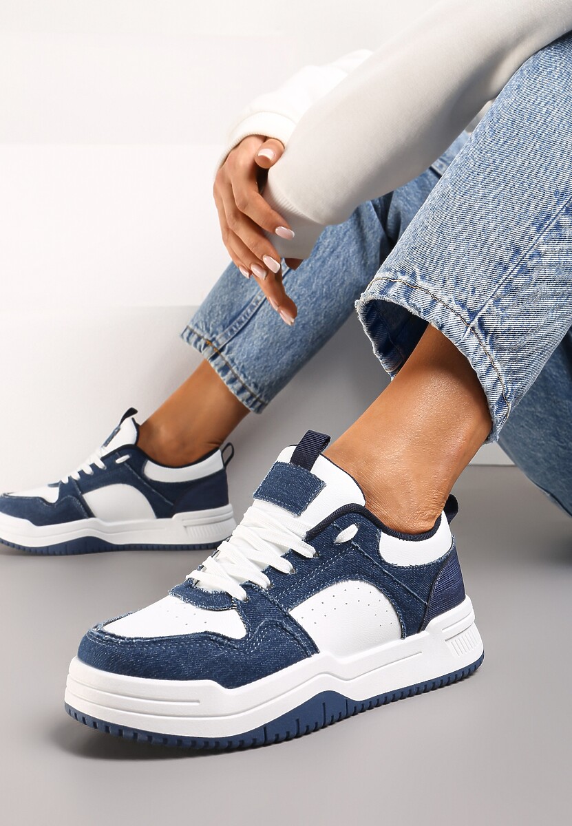 Biało-Granatowe Sneakersy na Grubej Podeszwie z Cholewką Przed Kostkę Alriel