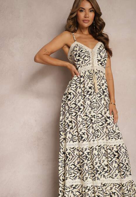 Beżowo-Czarna Sukienka z Bawełny na Ramiączkach z Gumką w Talii i Haftem Vikanda