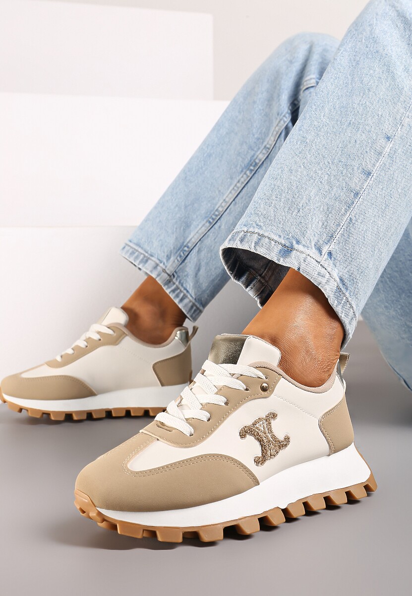 Ciemnobeżowe Sznurowane Sneakersy na Płaskiej Podeszwie Ozdobione Metalicznymi Aplikacjami Zetissa